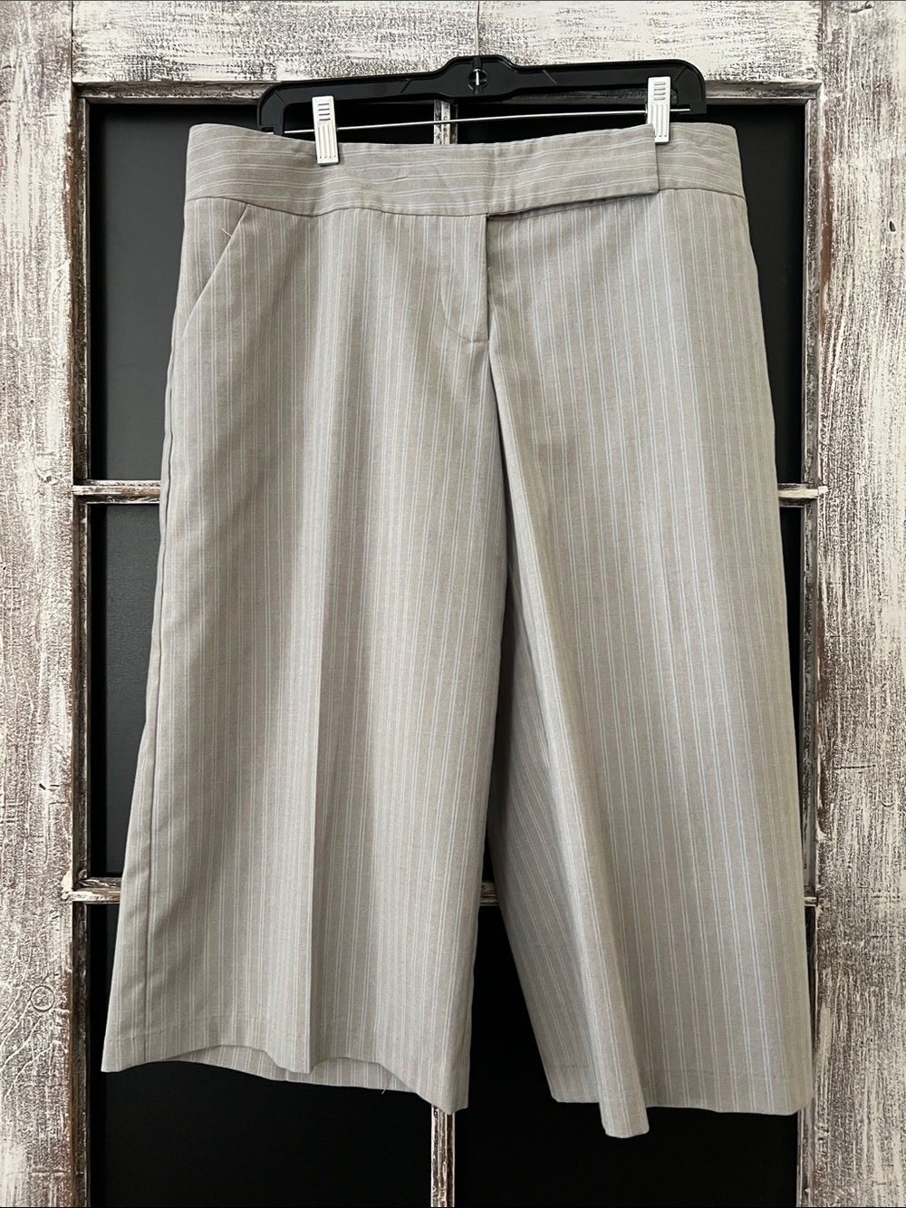 Light Gray and blue Pinstripe Wide-Leg Culotte Pants.